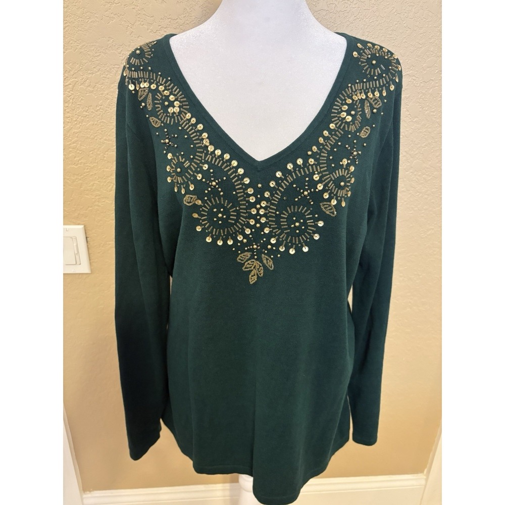 Reba‎ Green Long Sleeve Knit Embellished Tunic Top, Blingy, Large